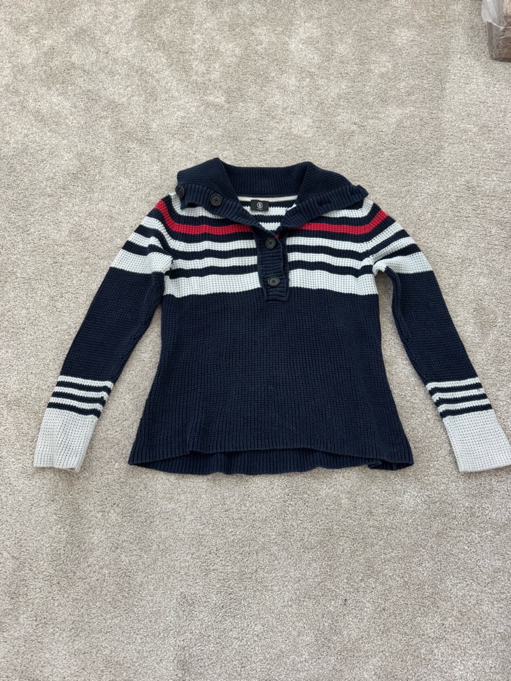 Bogner Navy, White & Red Striped Knit Cardigan Quiet Luxury Minimalist Euro Ski